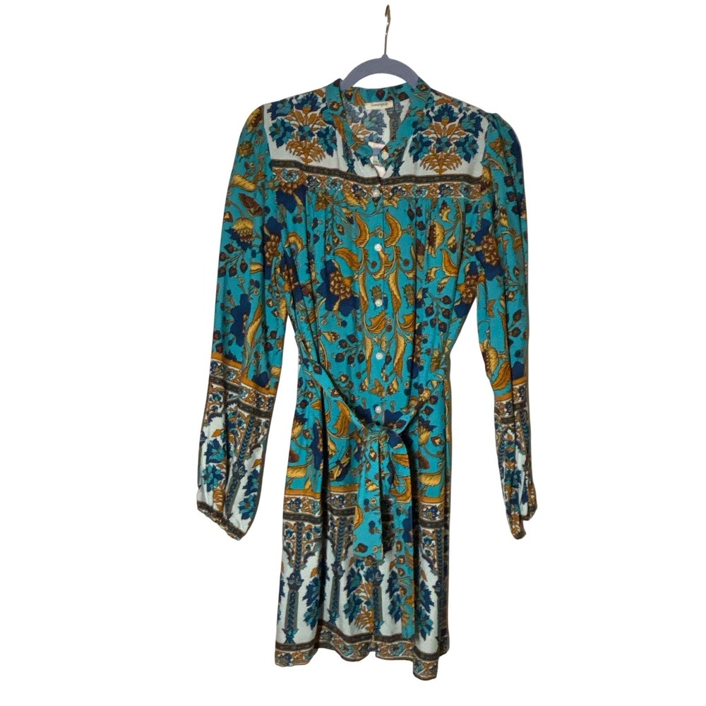 Sunday Up Piper Floral Dress Women Turquoise Excellent Boho Long Sleeve Sz Large